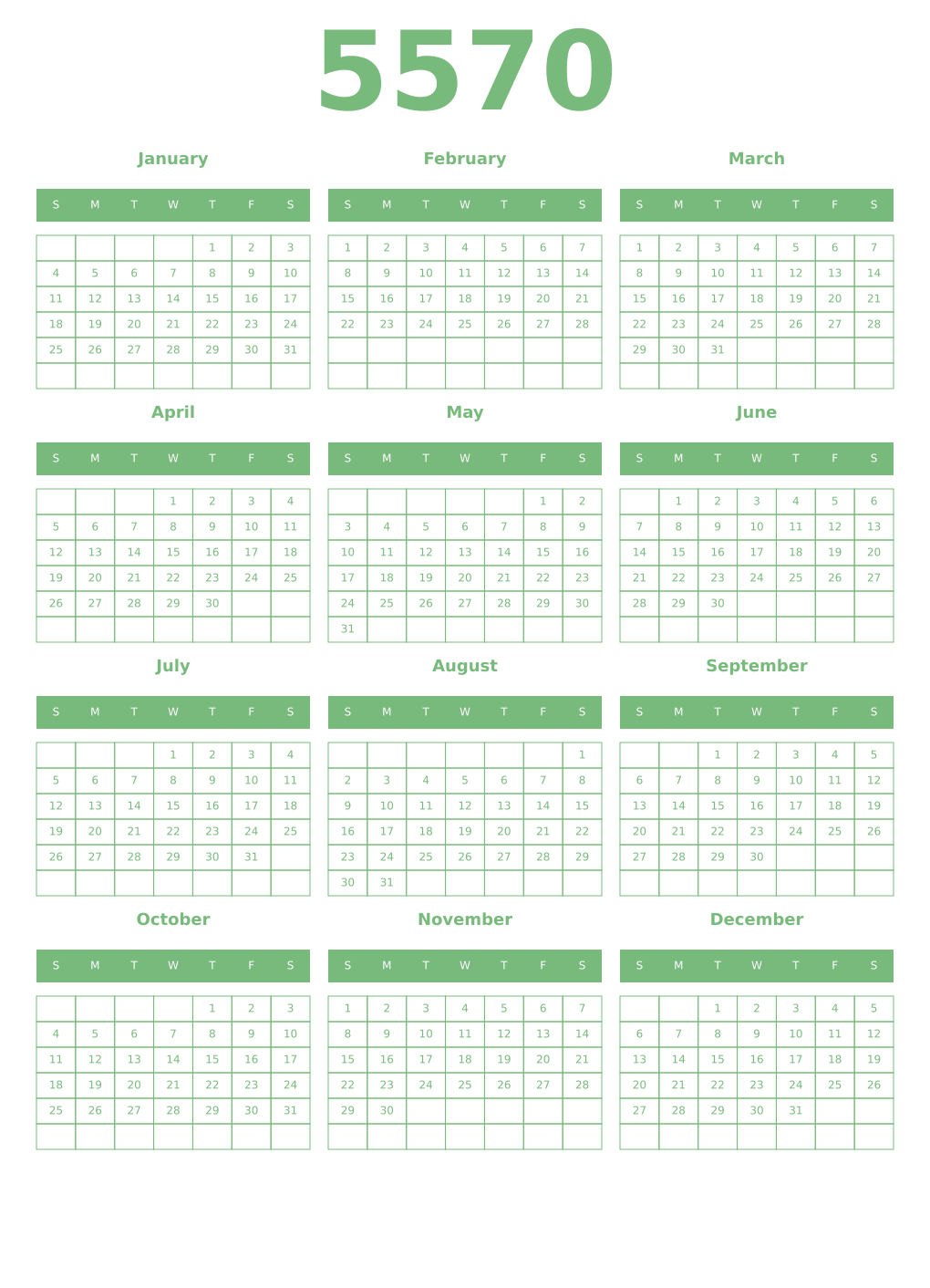 Printable 5570 Year Calendars celadon