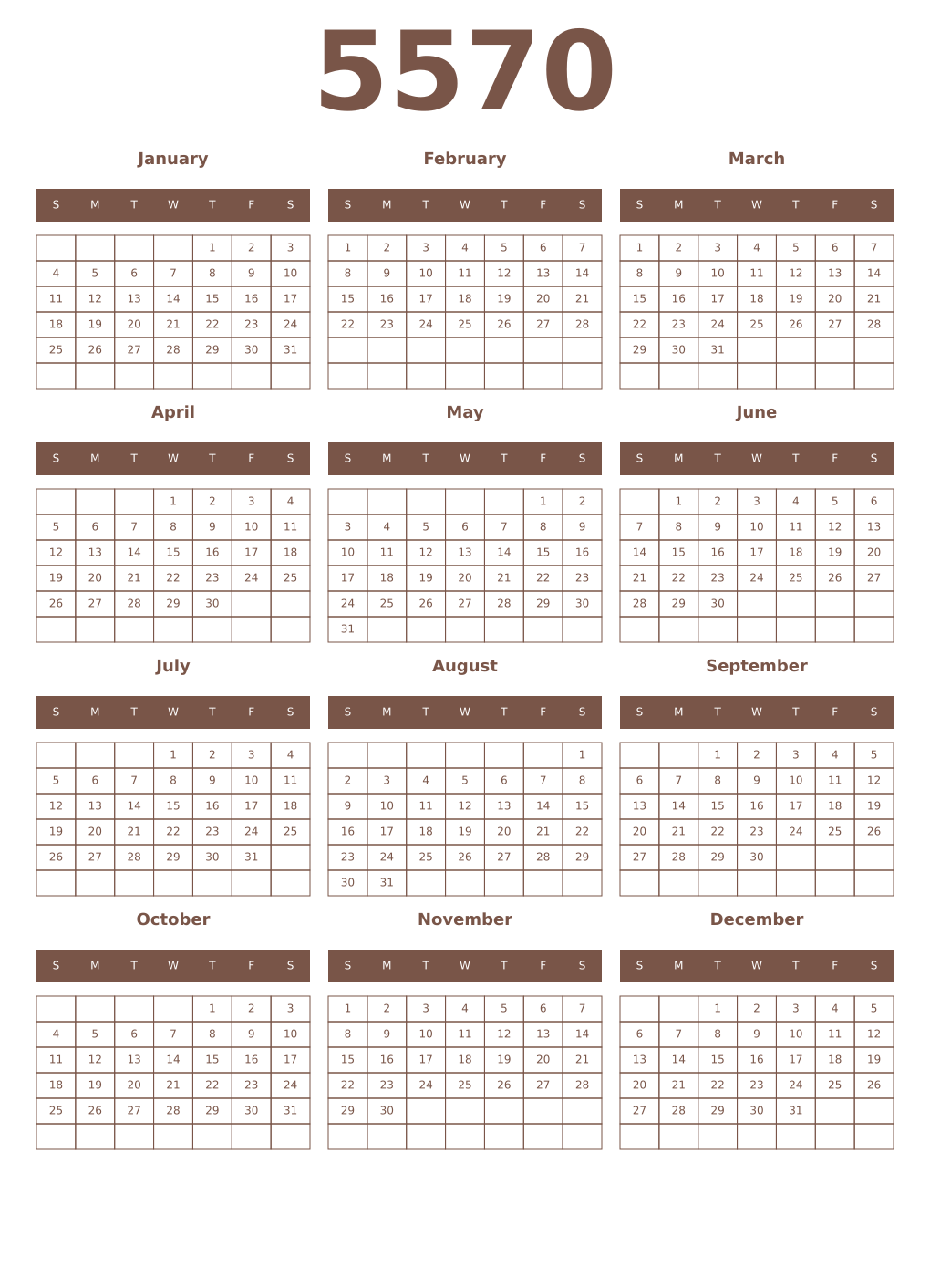 Printable 5570 Year Calendars coffe