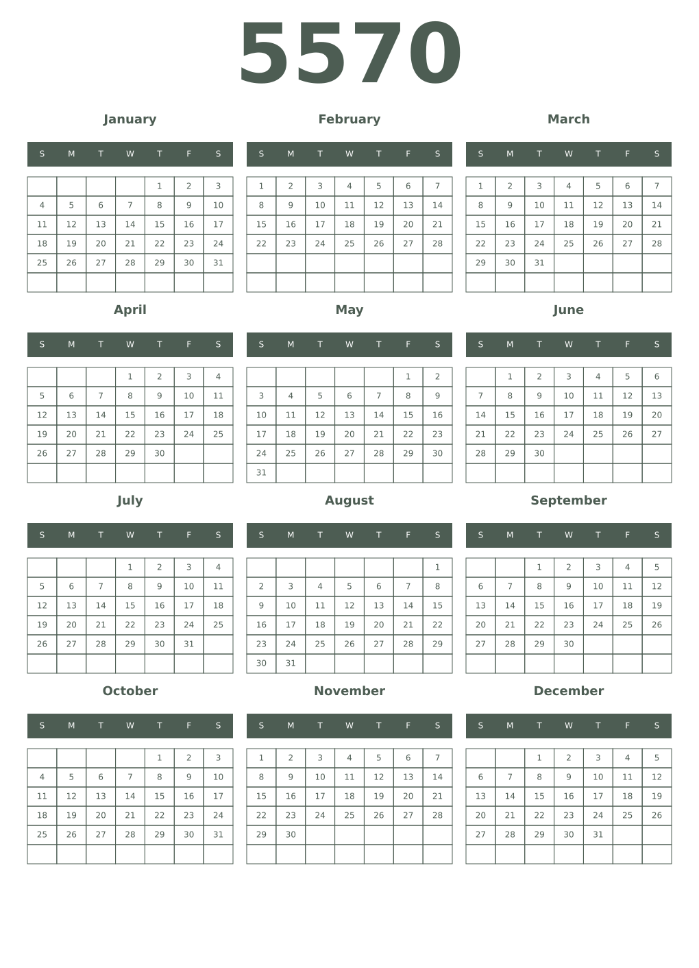 Printable 5570 Year Calendars feldgrau