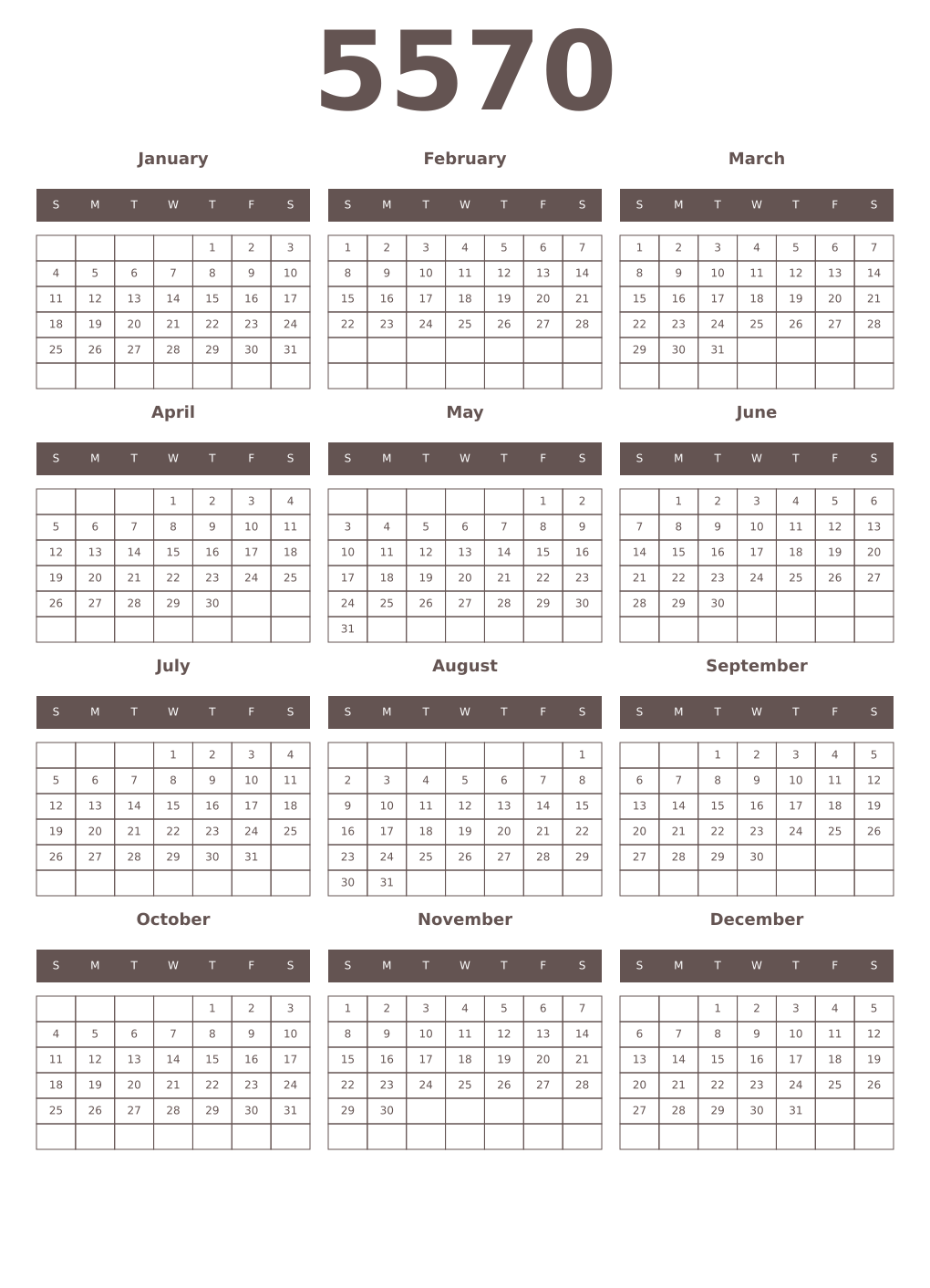 Printable 5570 Year Calendars wenge