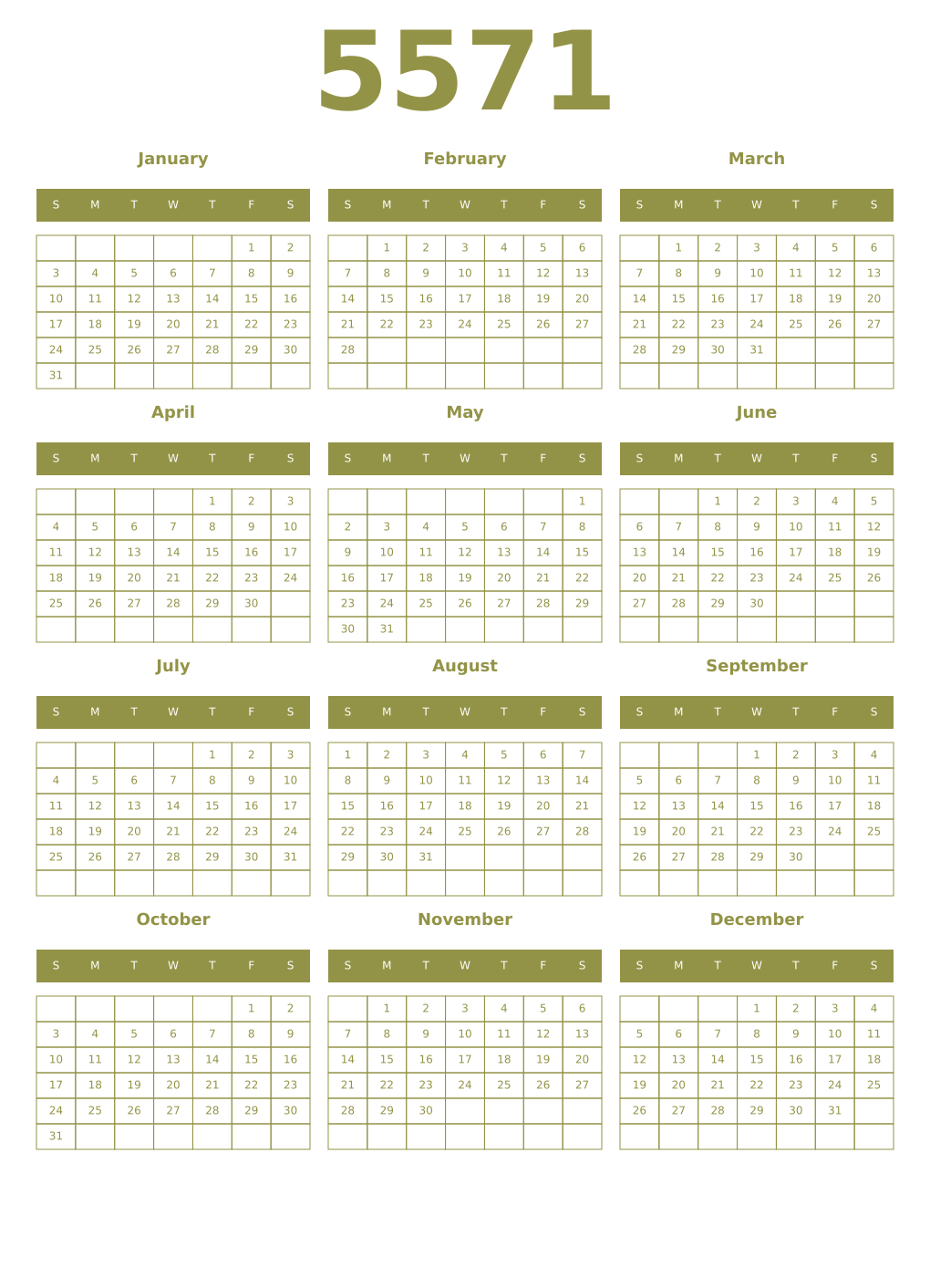 Printable 5571 Year Calendars eburnean