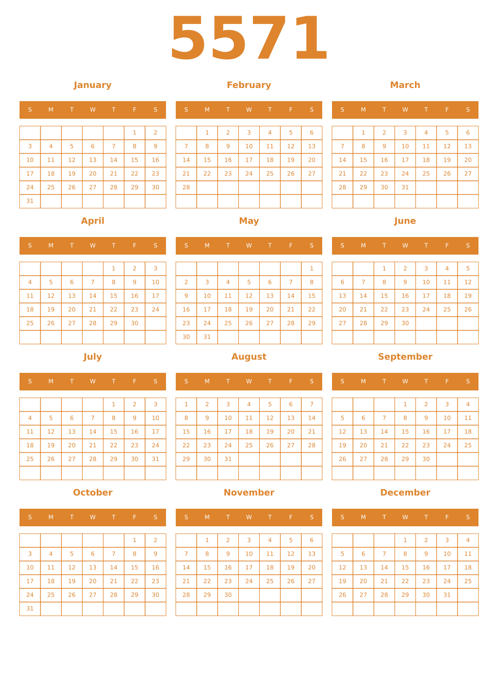 Printable 5571 Year Calendars orange