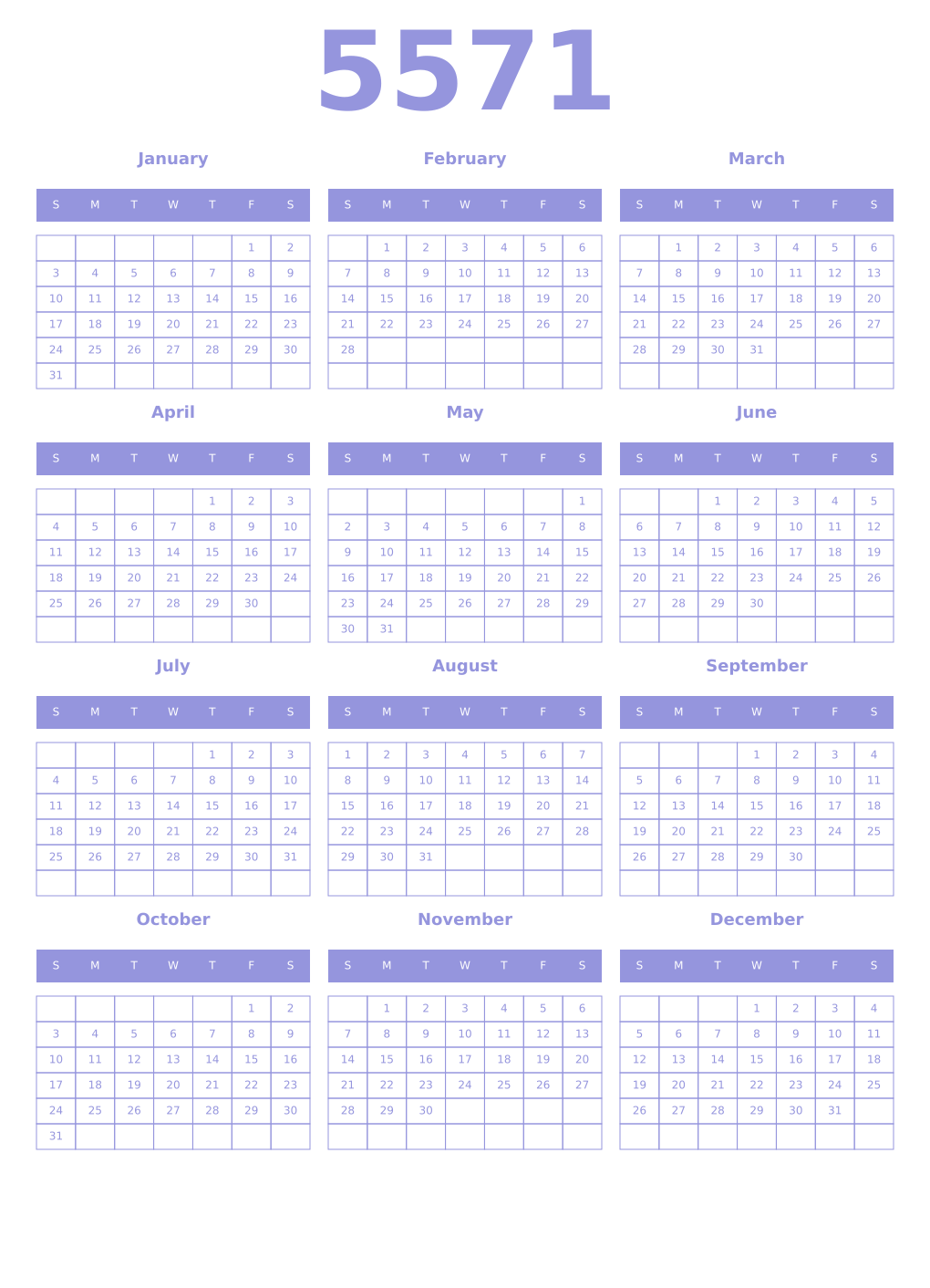 Printable 5571 Year Calendars periwinkle