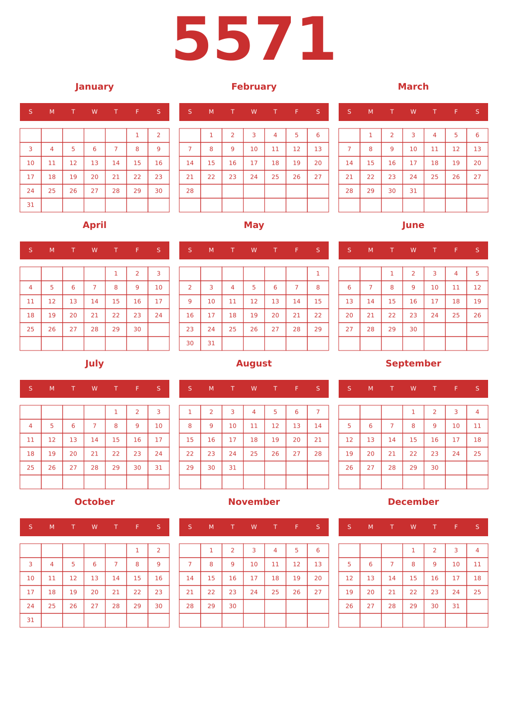 Printable 5571 Year Calendars red