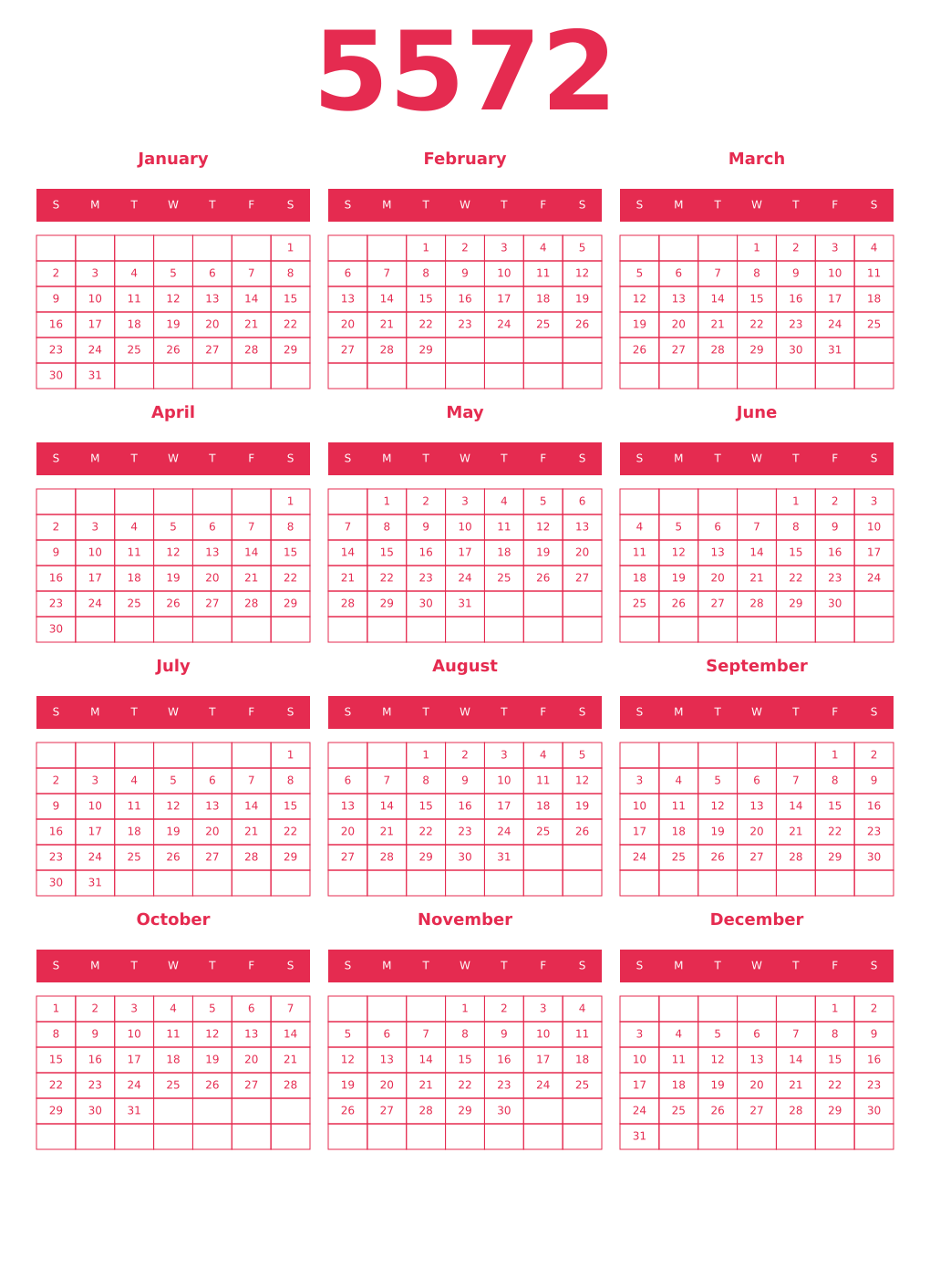 Printable 5572 Year Calendars amaranth