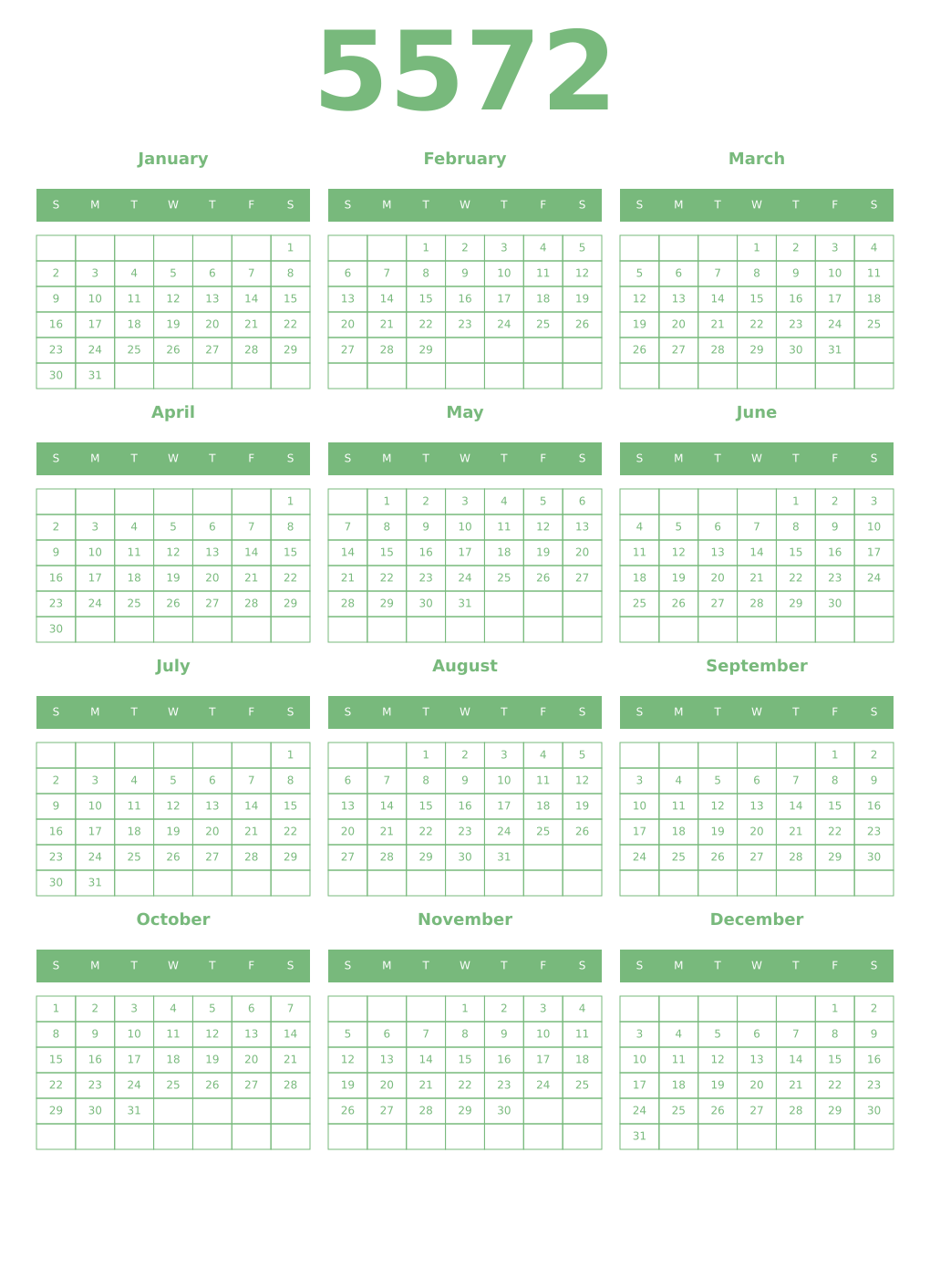 Printable 5572 Year Calendars celadon