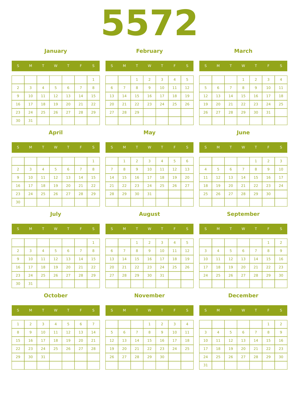 Printable 5572 Year Calendars chartreuse
