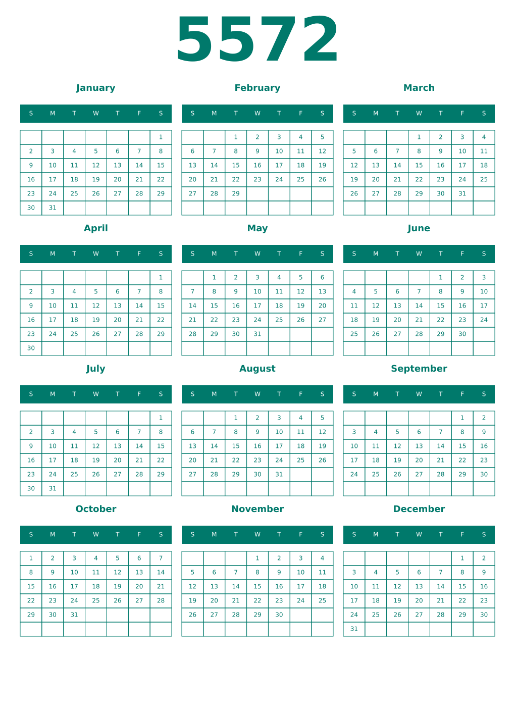Printable 5572 Year Calendars pastel
