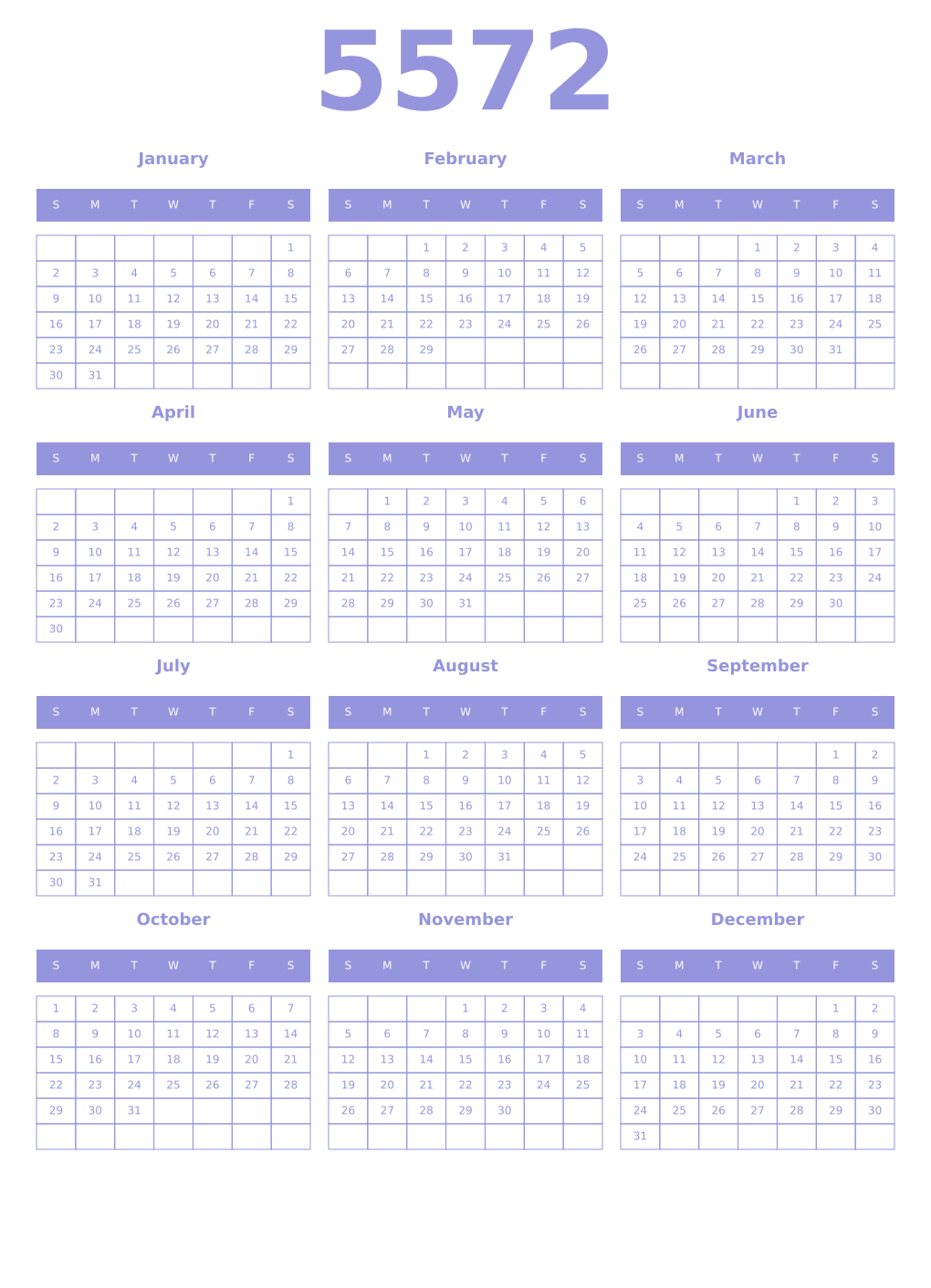Printable 5572 Year Calendars periwinkle