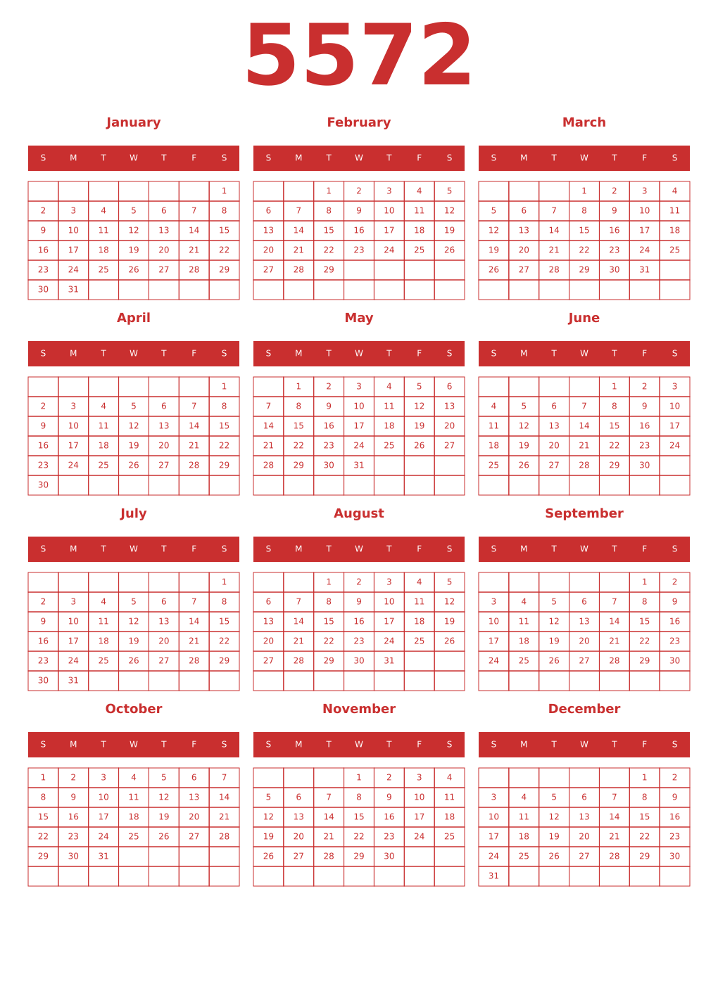 Printable 5572 Year Calendars red