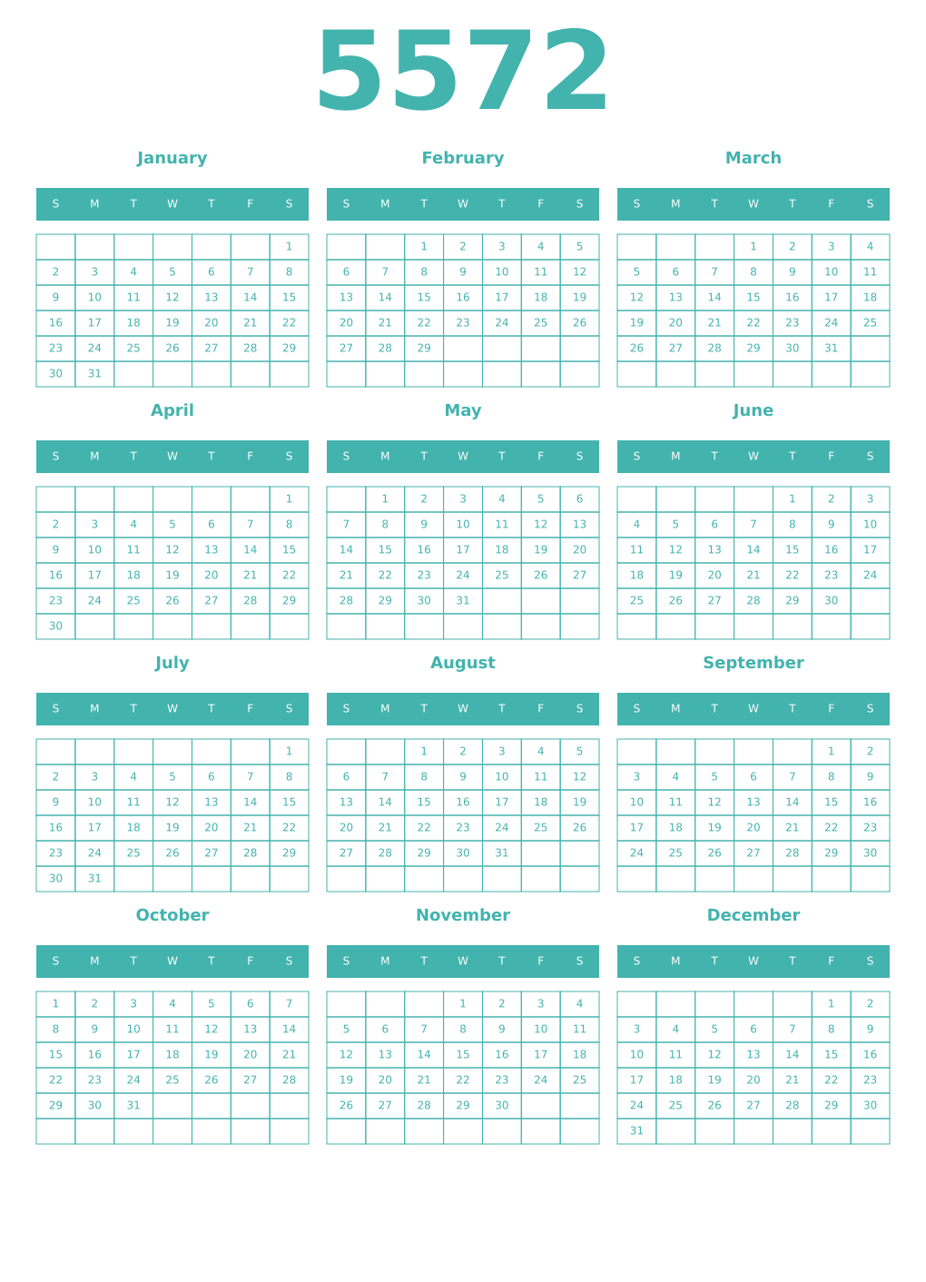 Printable 5572 Year Calendars verdigris