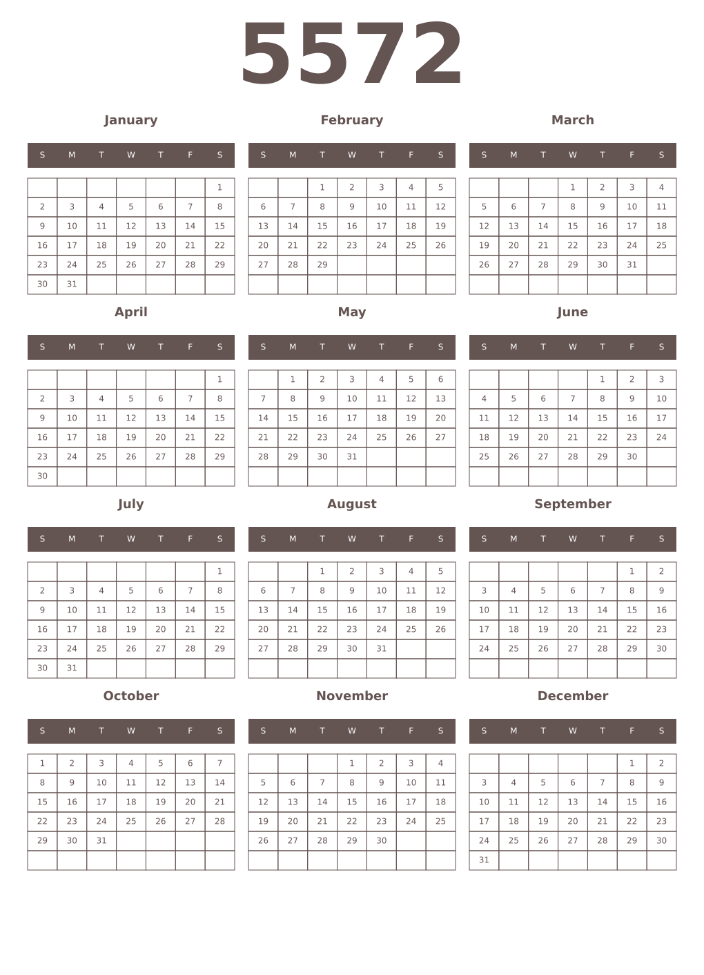 Printable 5572 Year Calendars wenge