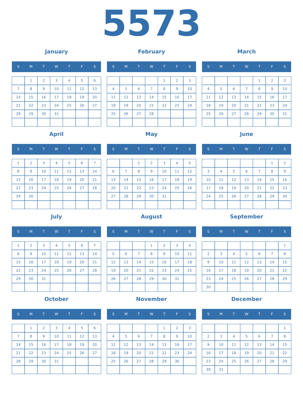 Printable 5573 Year Calendars blue