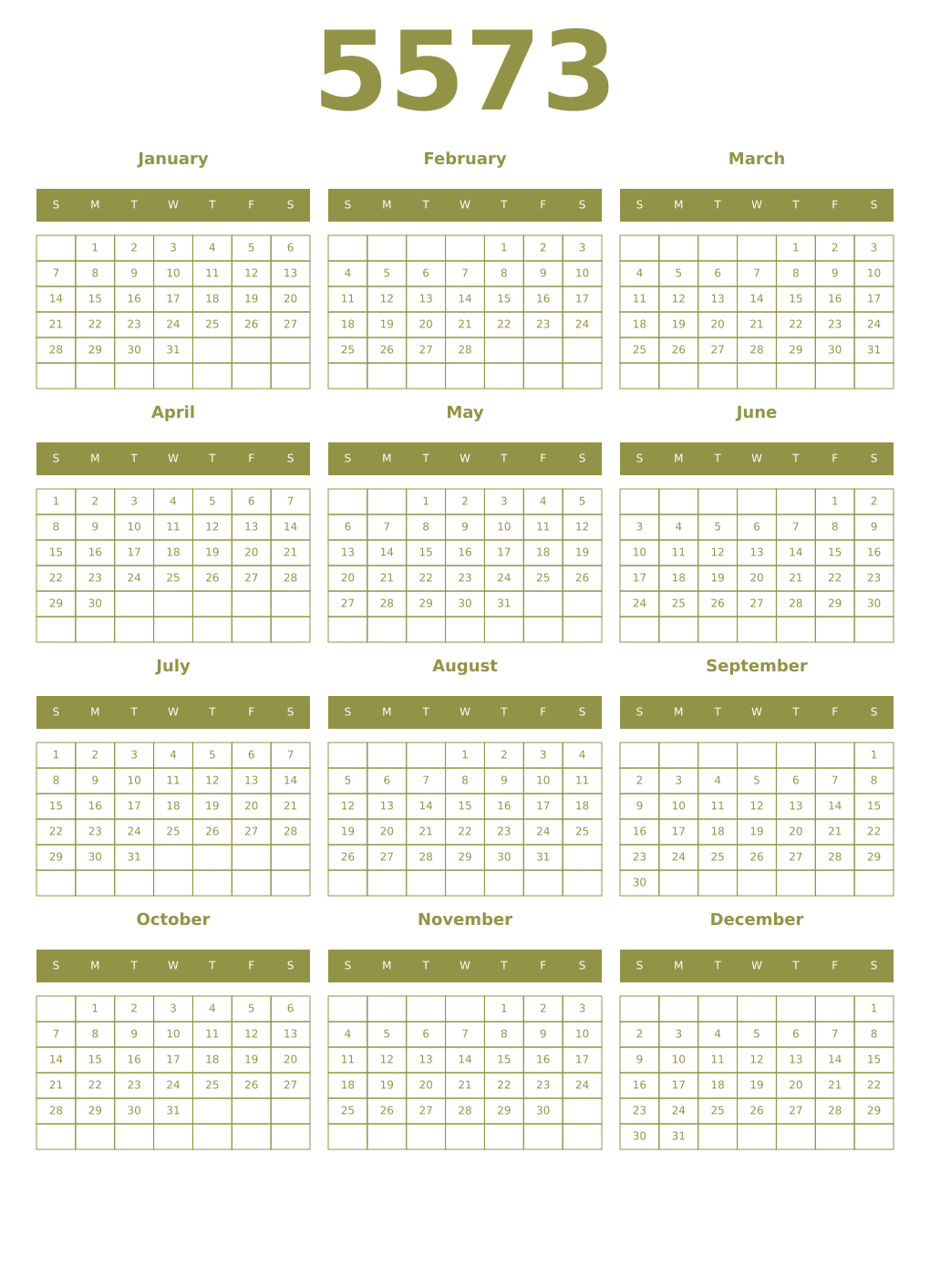 Printable 5573 Year Calendars eburnean