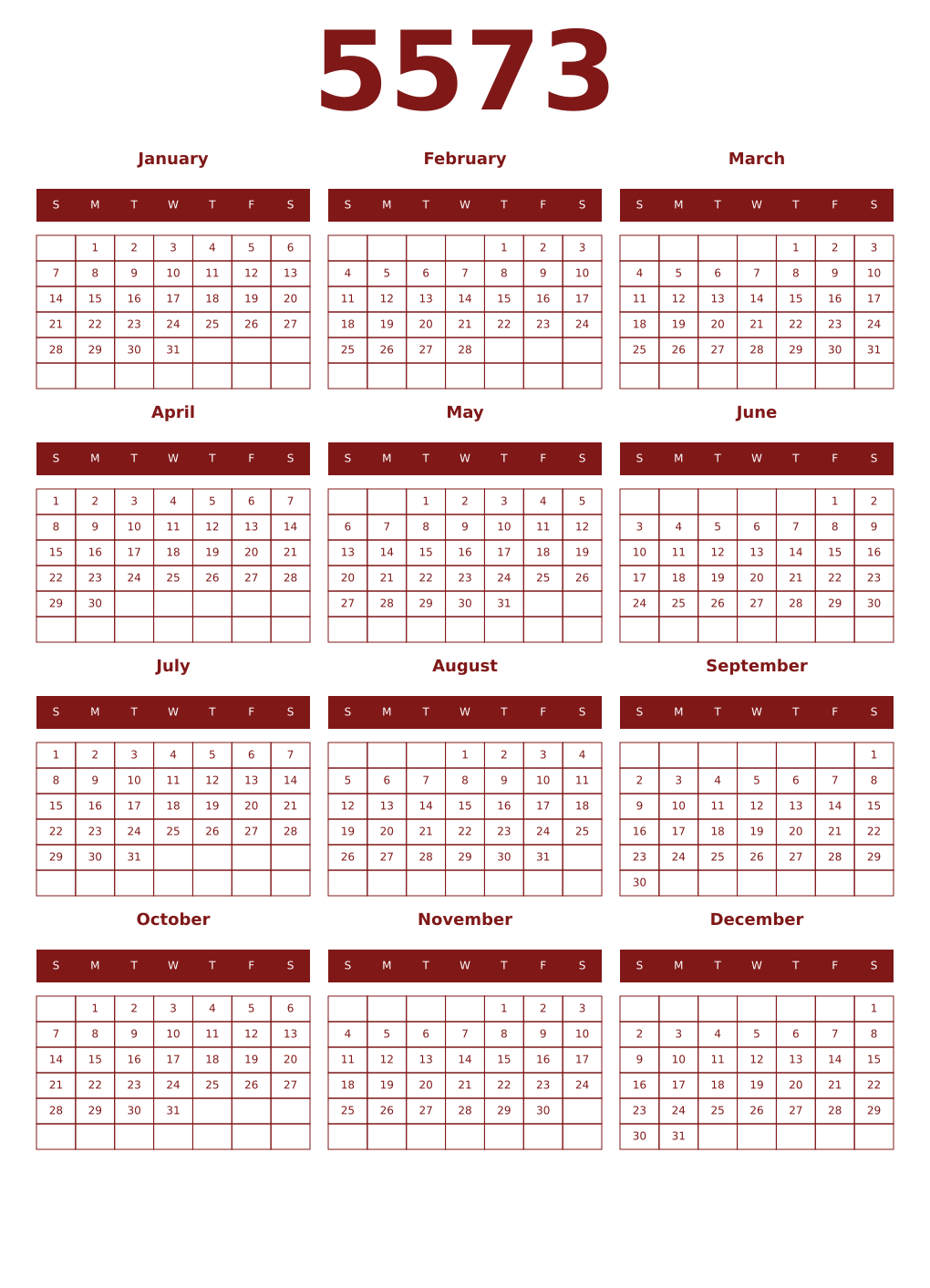 Printable 5573 Year Calendars falu