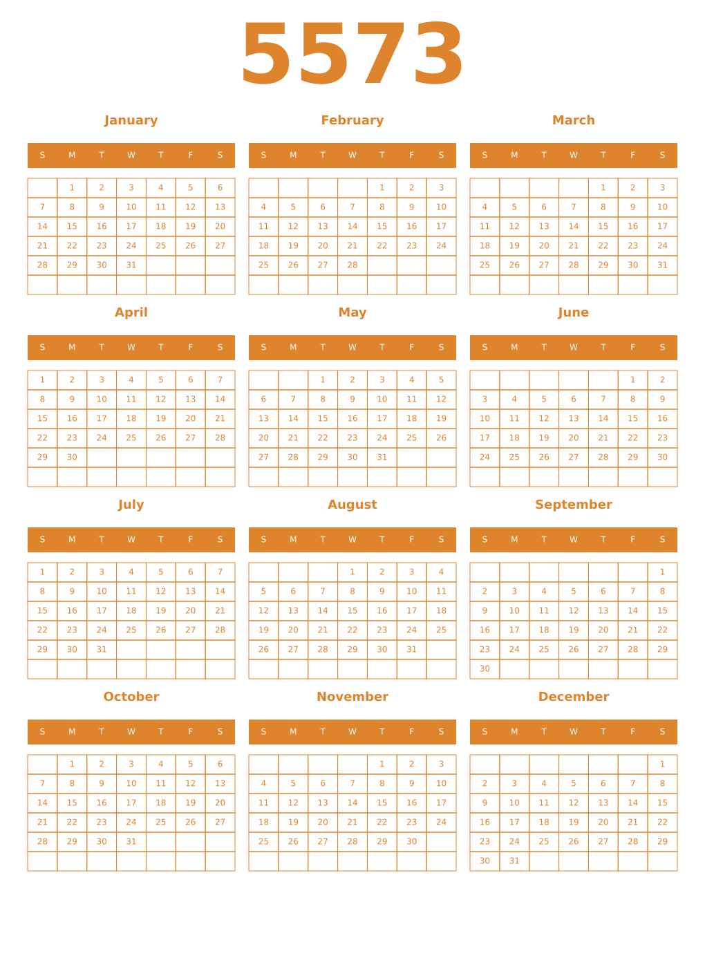 Printable 5573 Year Calendars orange
