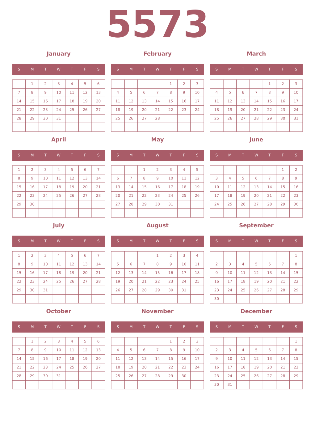 Printable 5573 Year Calendars puce