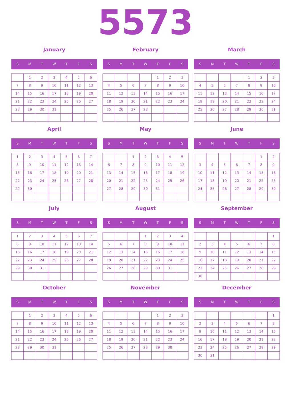Printable 5573 Year Calendars purple