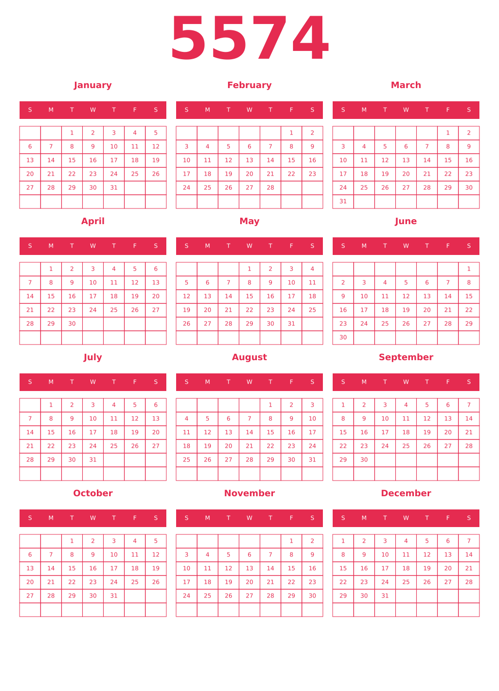 Printable 5574 Year Calendars amaranth