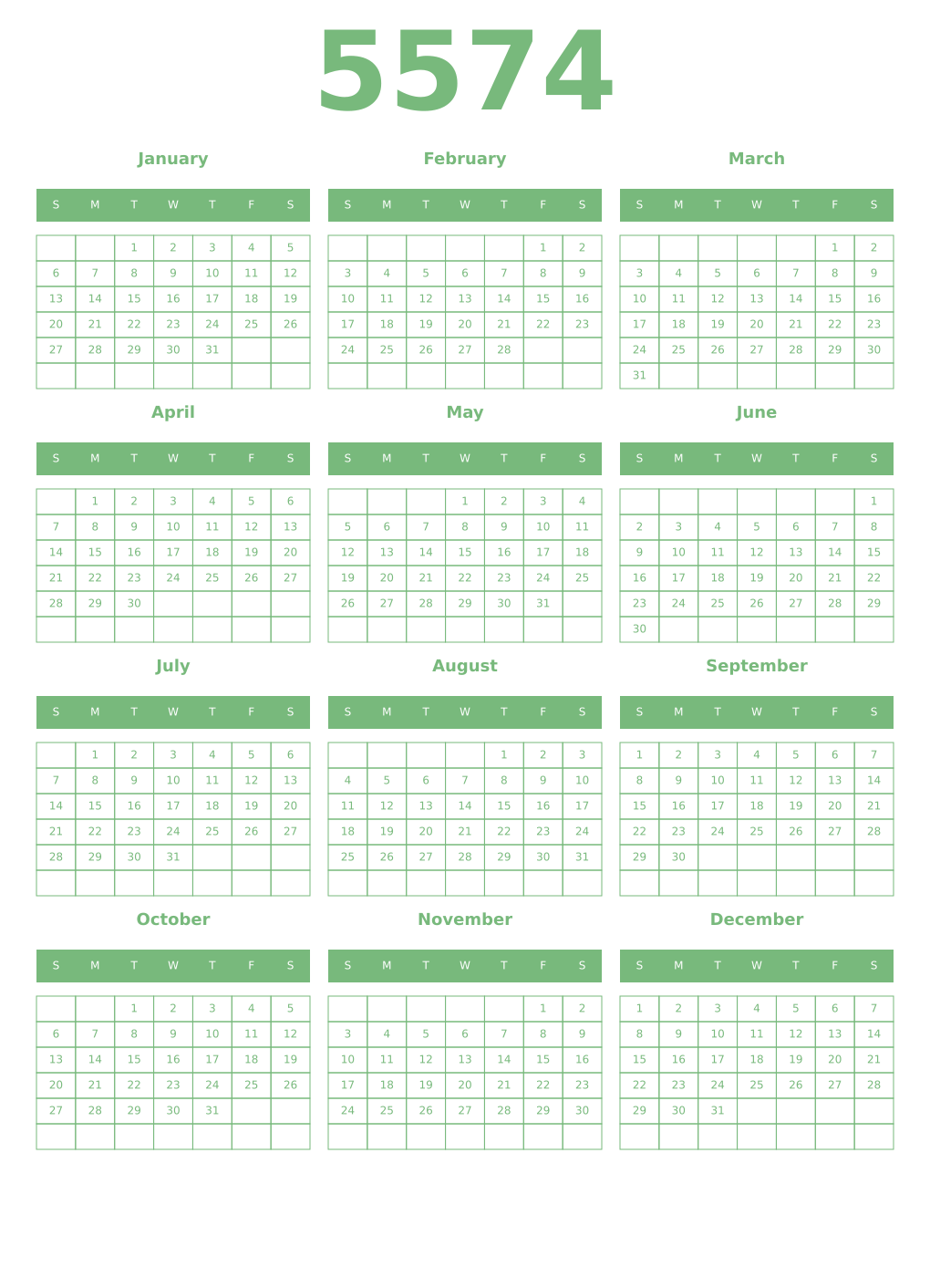 Printable 5574 Year Calendars celadon