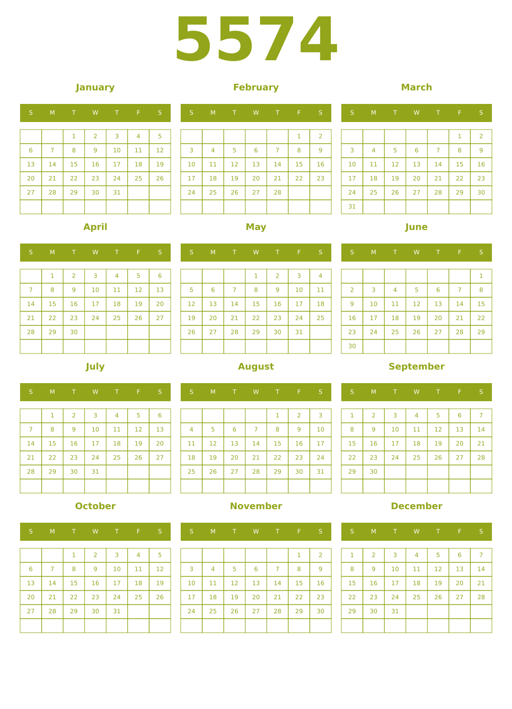 Printable 5574 Year Calendars chartreuse