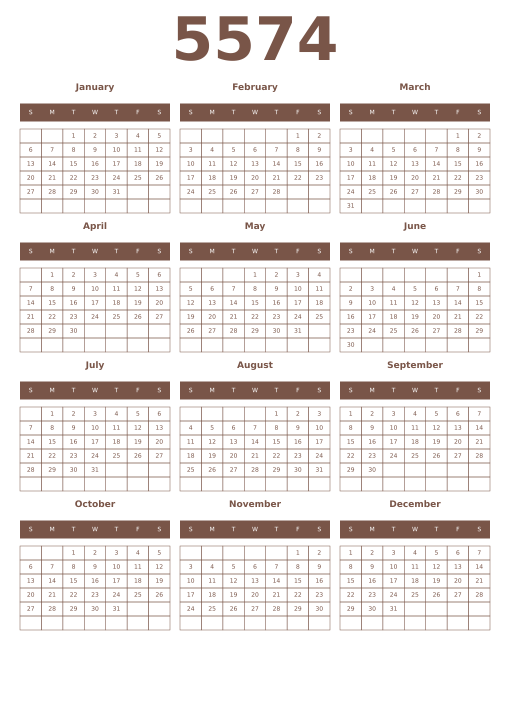 Printable 5574 Year Calendars coffe