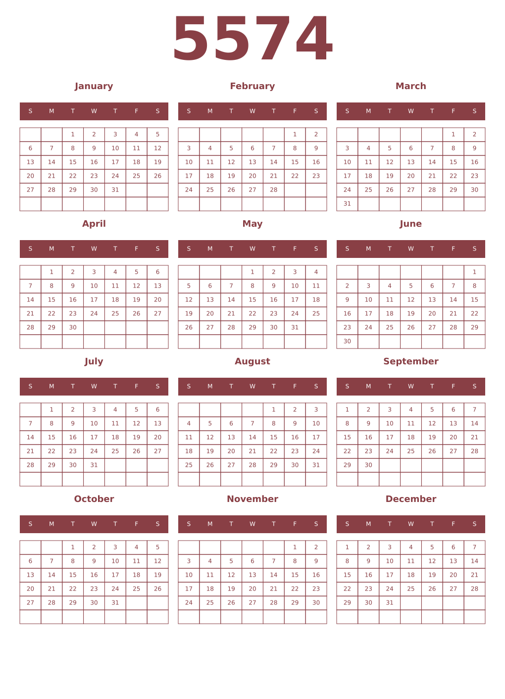 Printable 5574 Year Calendars cordovan