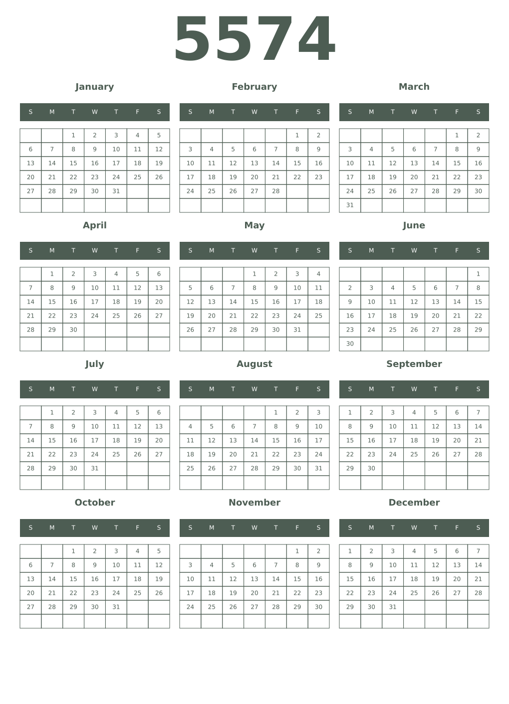 Printable 5574 Year Calendars feldgrau