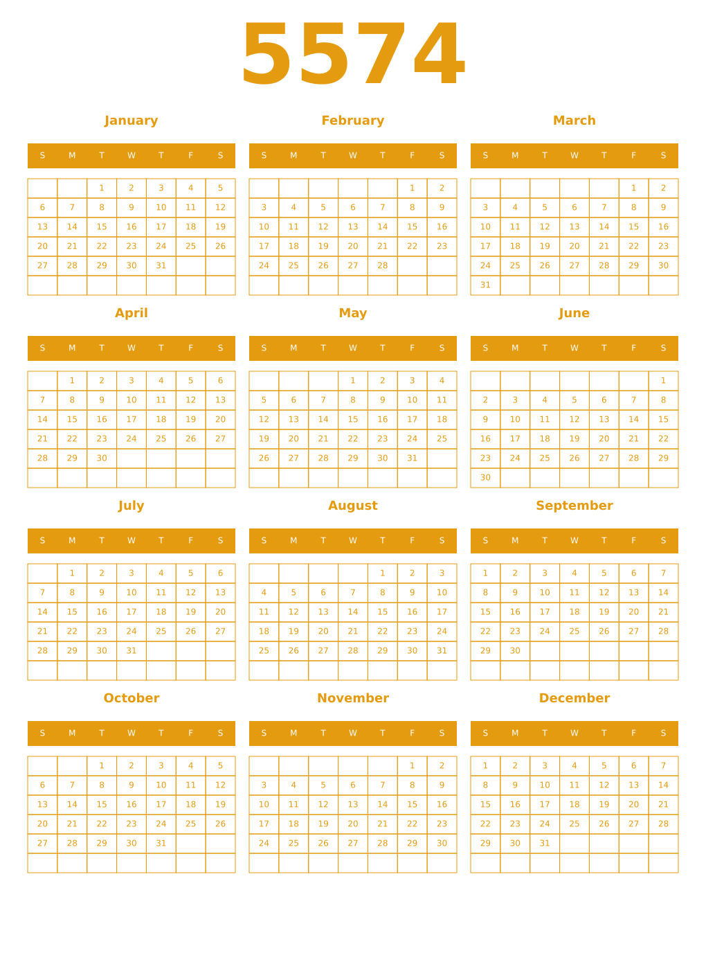 Printable 5574 Year Calendars gamboge