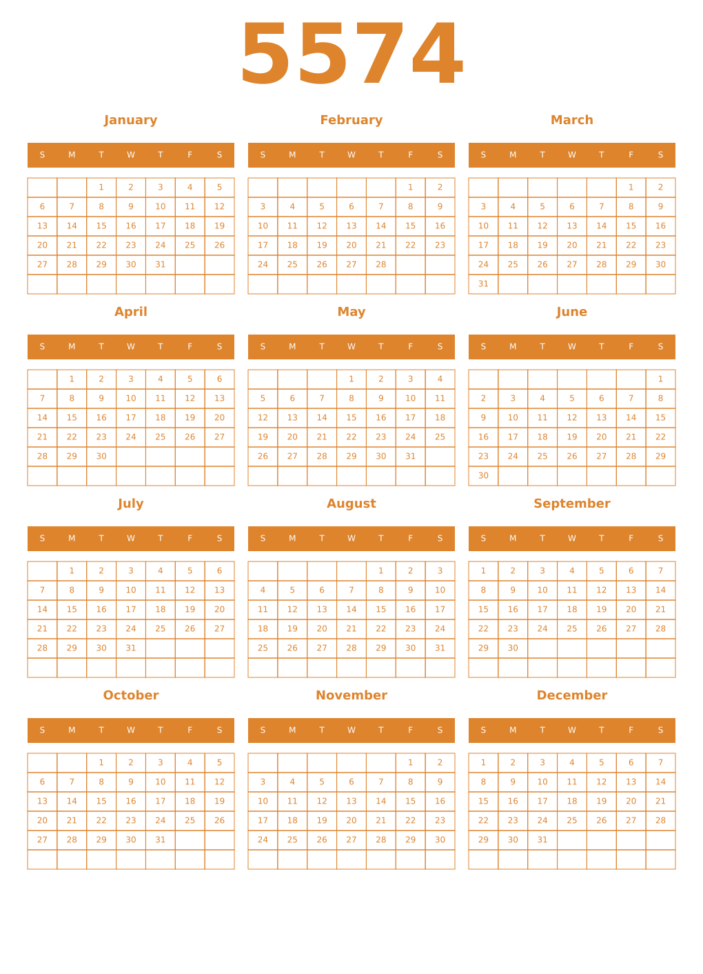 Printable 5574 Year Calendars orange