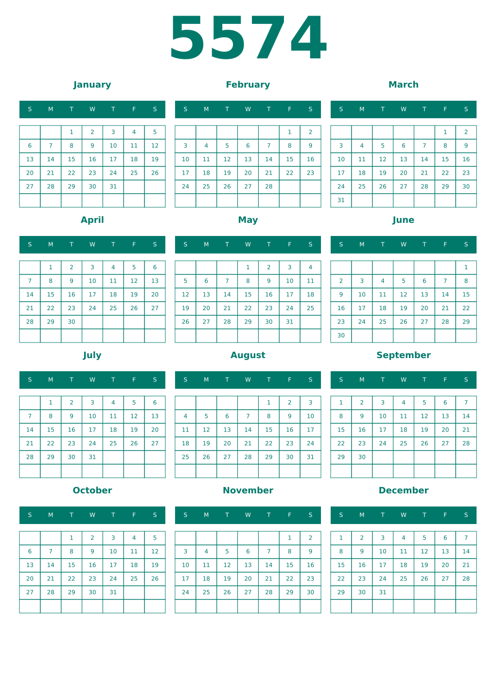 Printable 5574 Year Calendars pastel