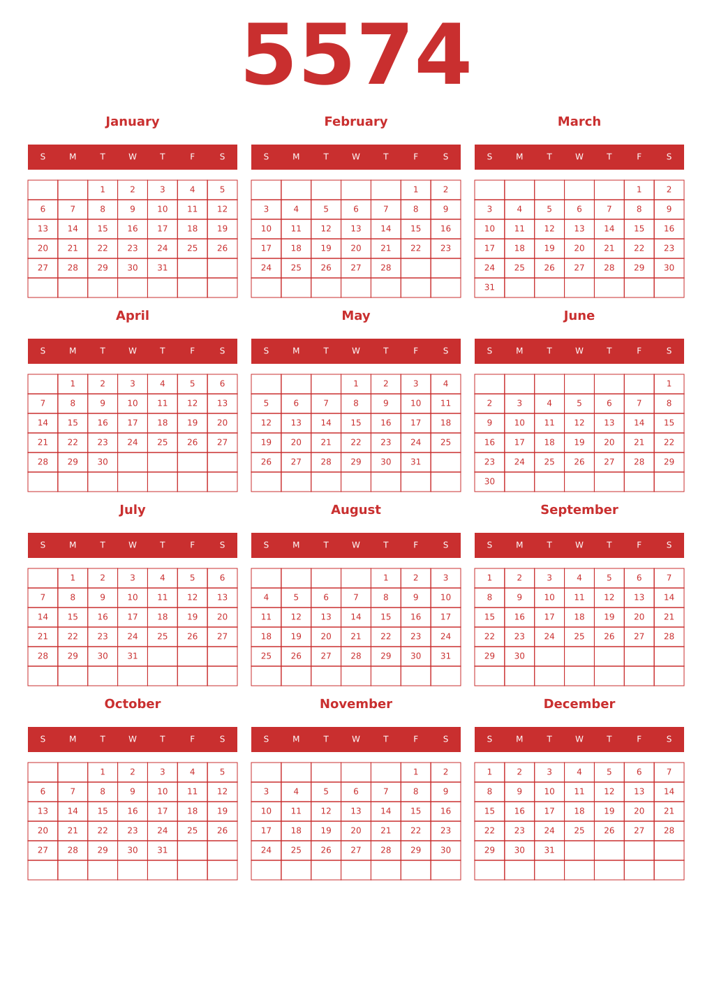Printable 5574 Year Calendars red