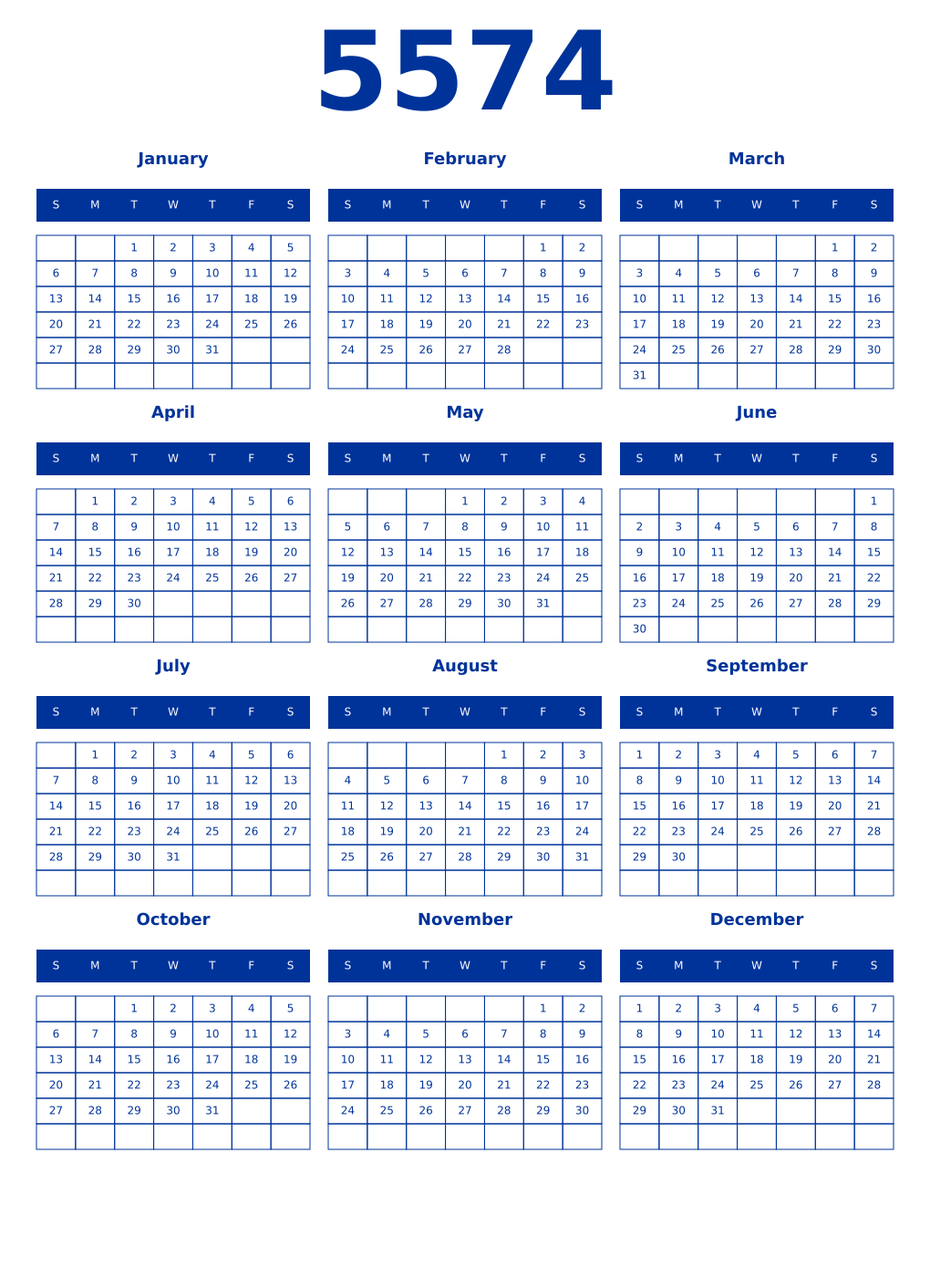 Printable 5574 Year Calendars smalt