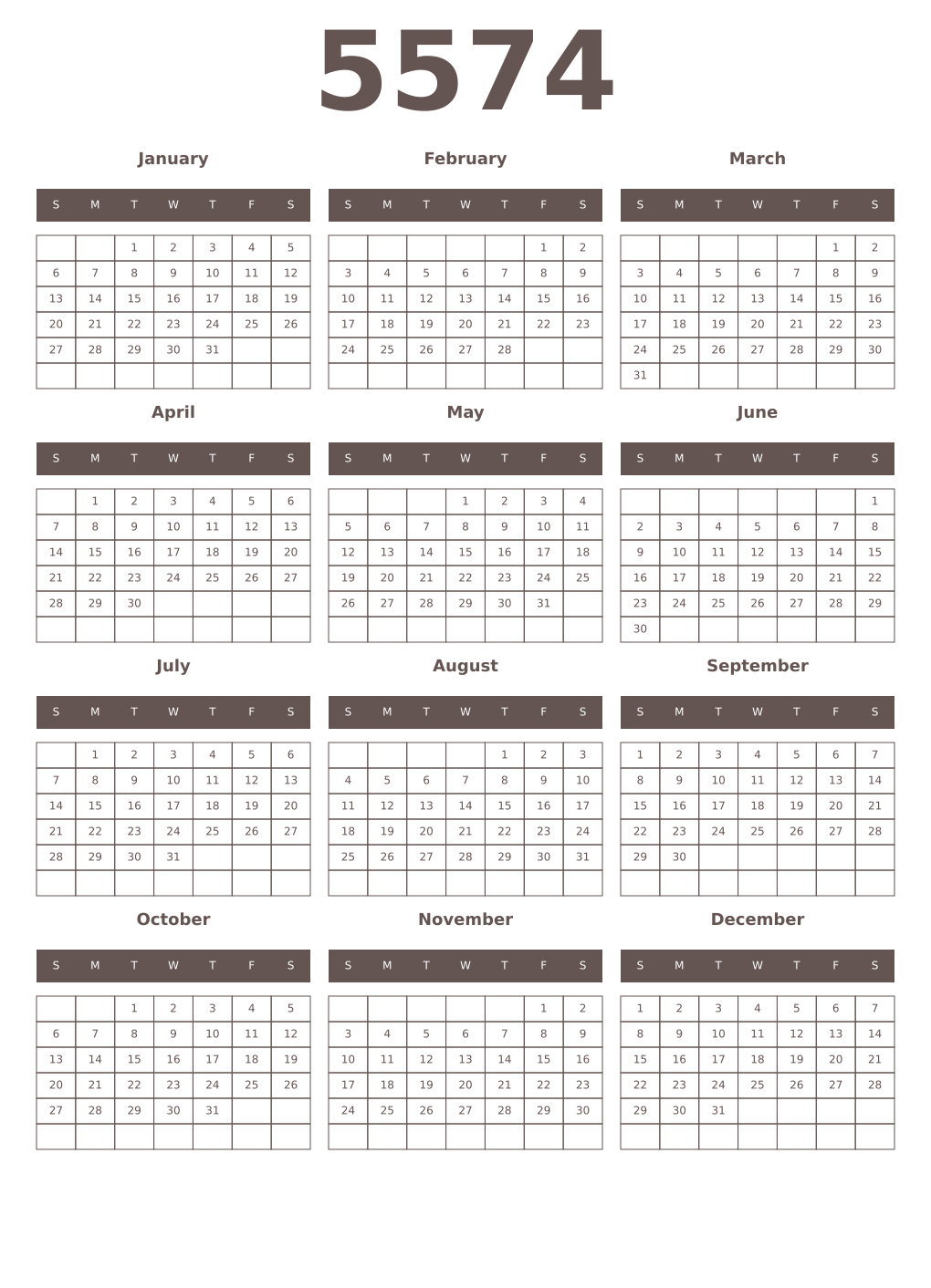 Printable 5574 Year Calendars wenge