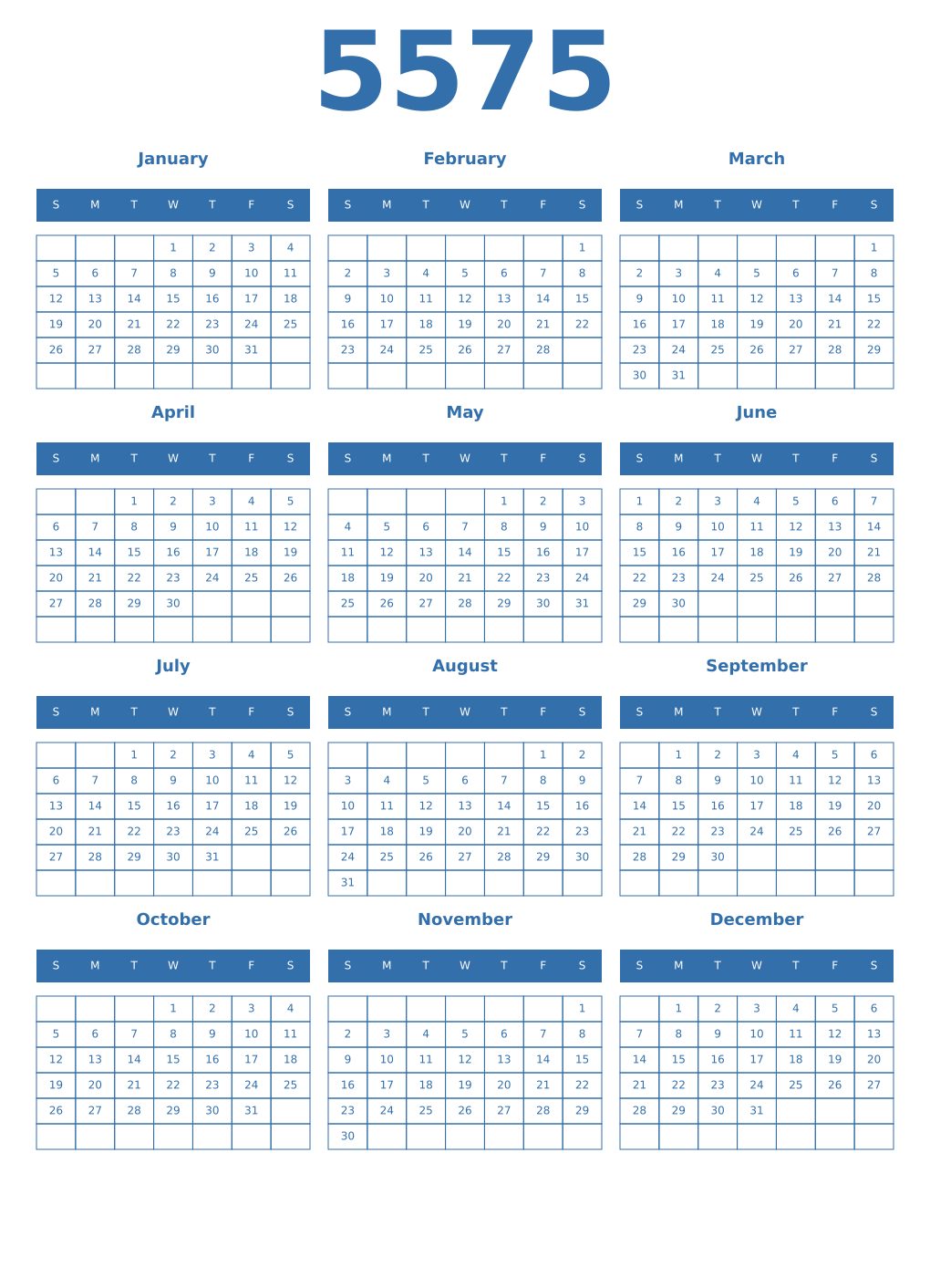 Printable 5575 Year Calendars blue