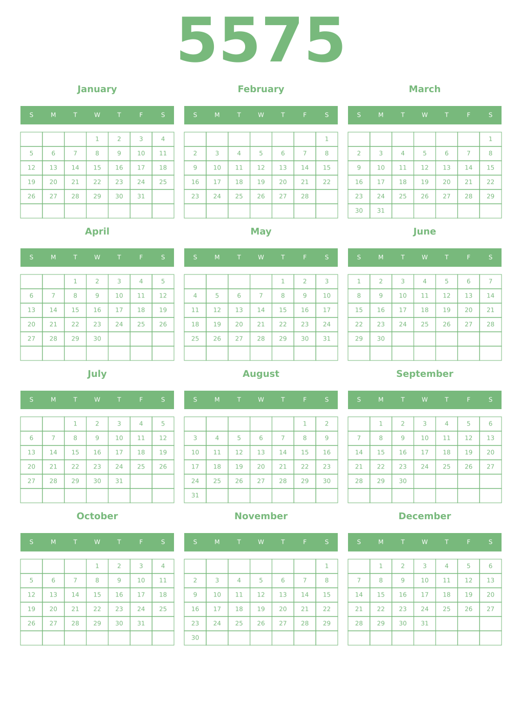 Printable 5575 Year Calendars celadon