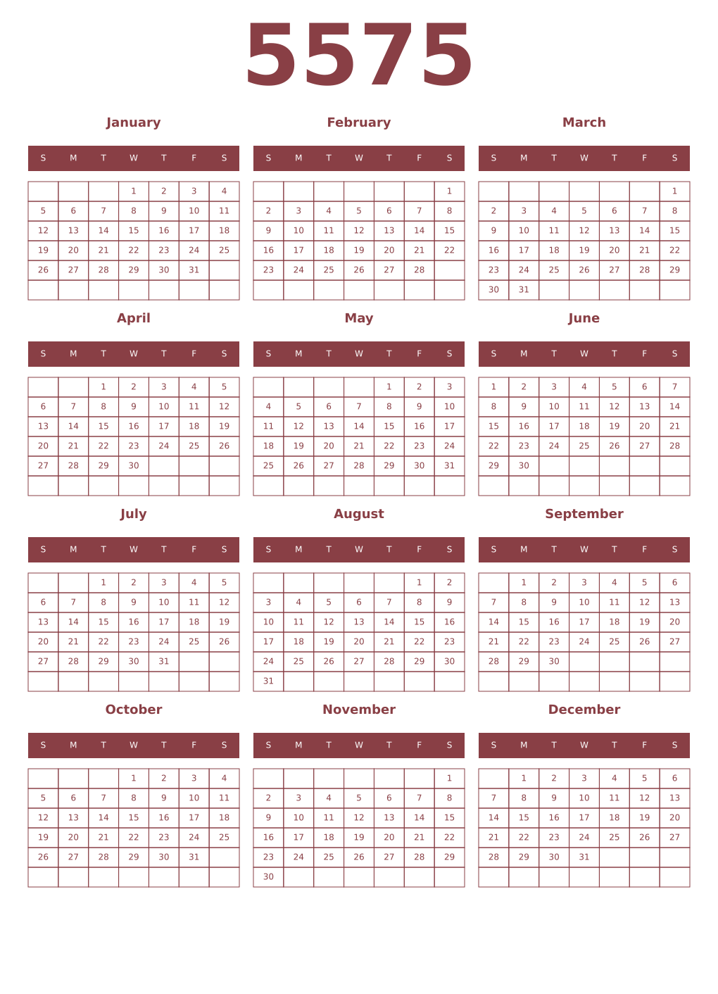 Printable 5575 Year Calendars cordovan