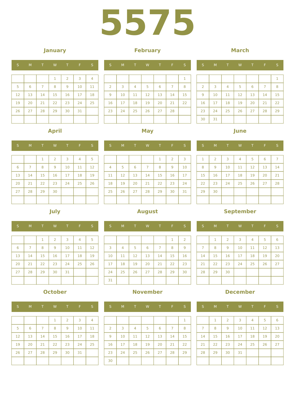 Printable 5575 Year Calendars eburnean