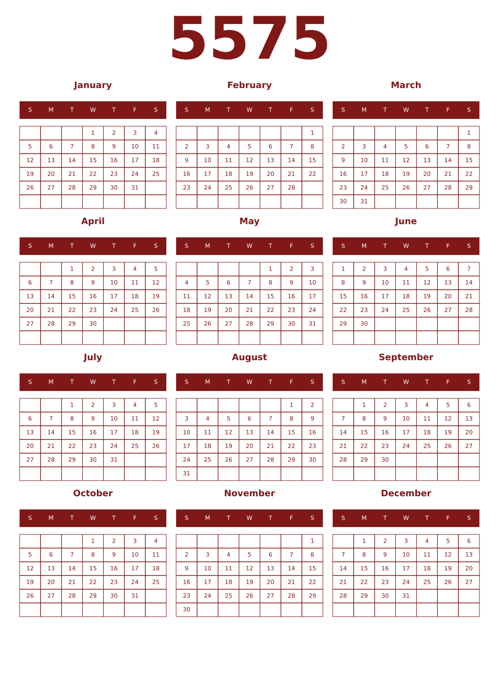 Printable 5575 Year Calendars falu