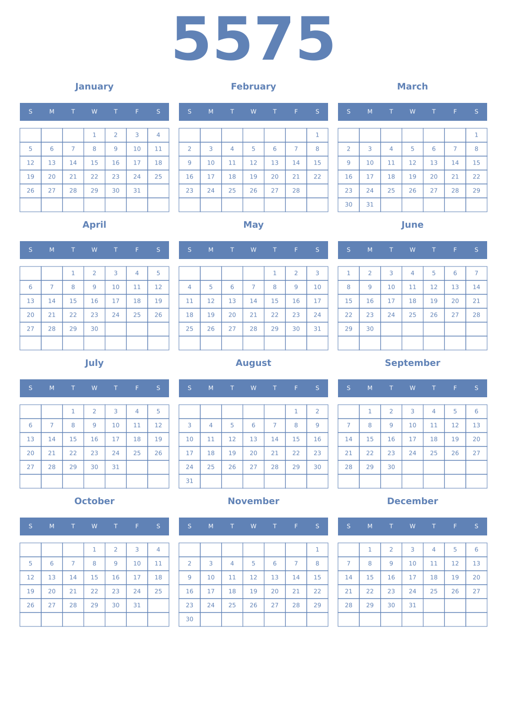 Printable 5575 Year Calendars glaucous