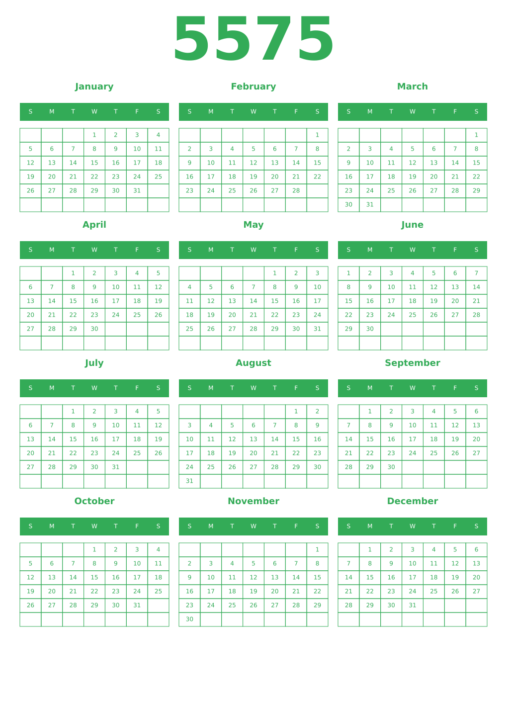 Printable 5575 Year Calendars green