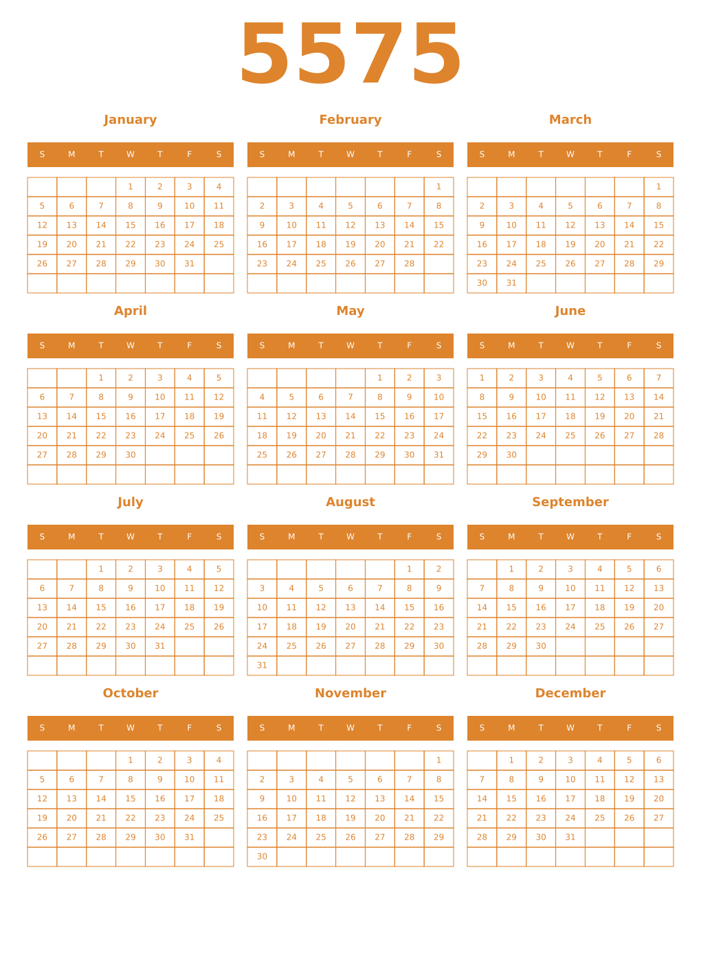 Printable 5575 Year Calendars orange