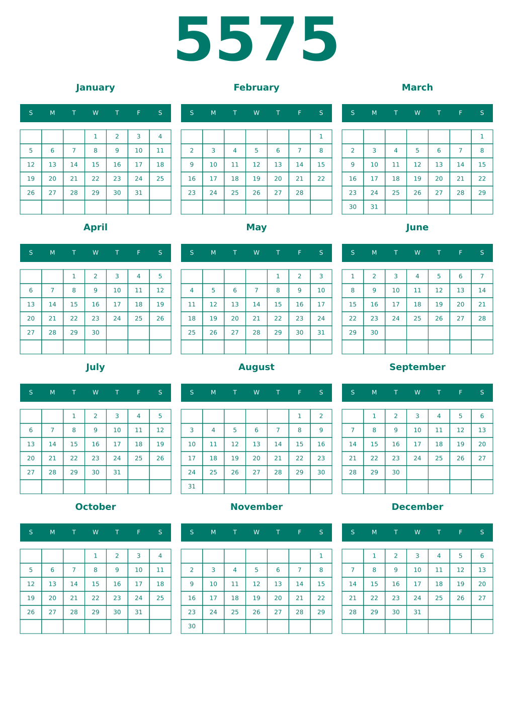 Printable 5575 Year Calendars pastel