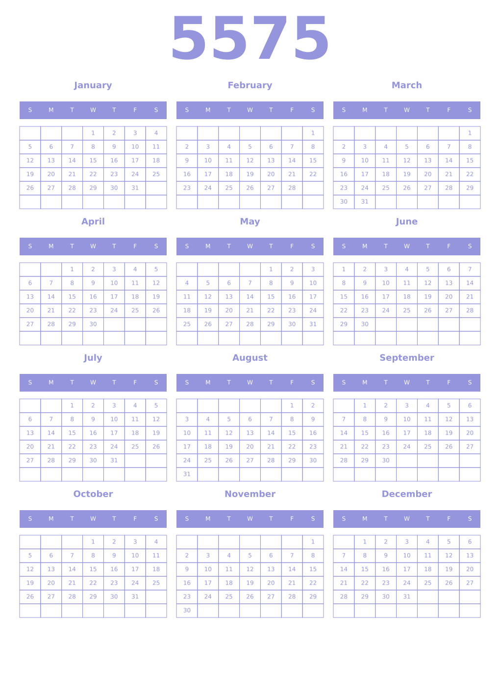 Printable 5575 Year Calendars periwinkle