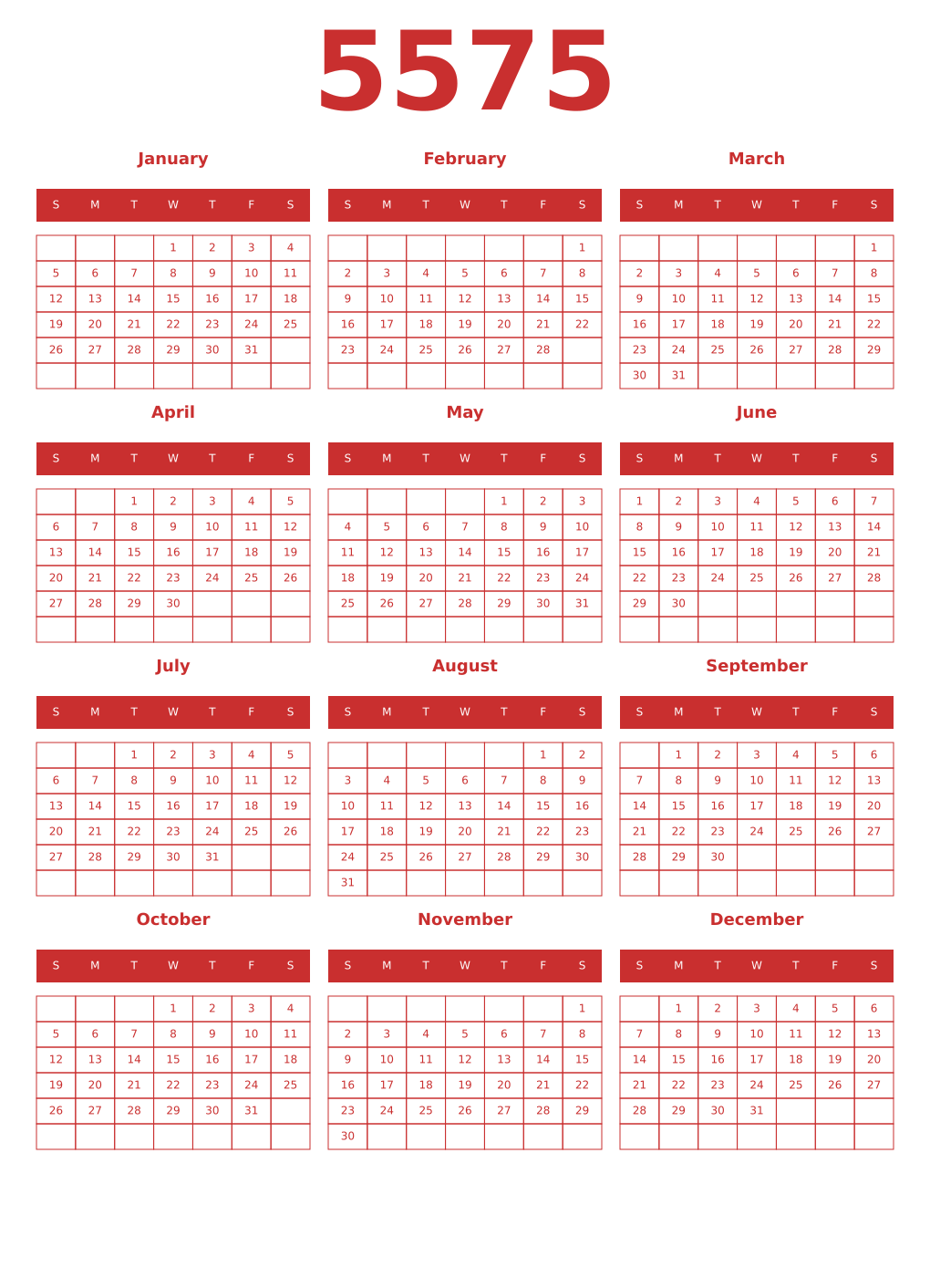 Printable 5575 Year Calendars red