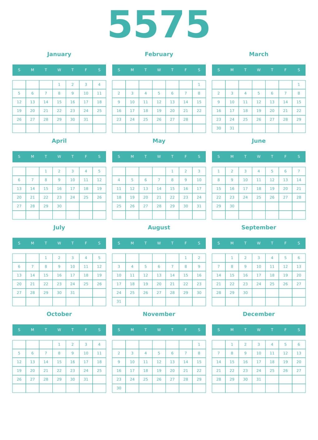 Printable 5575 Year Calendars verdigris