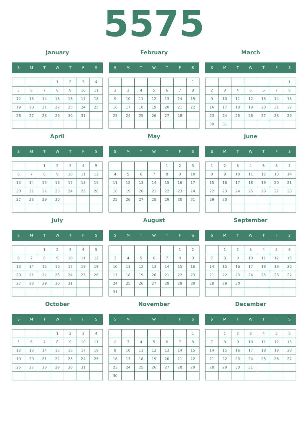 Printable 5575 Year Calendars viridian