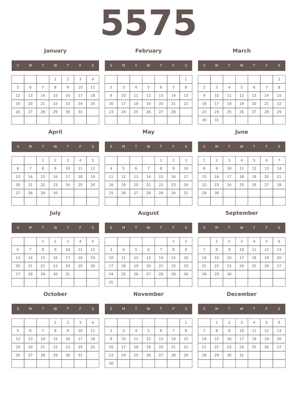 Printable 5575 Year Calendars wenge