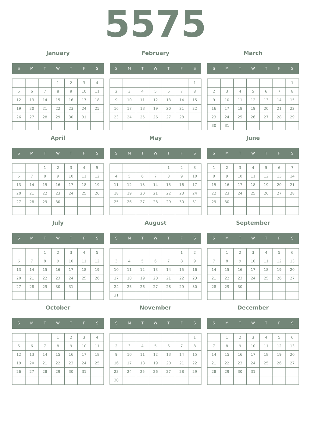 Printable 5575 Year Calendars xanadu