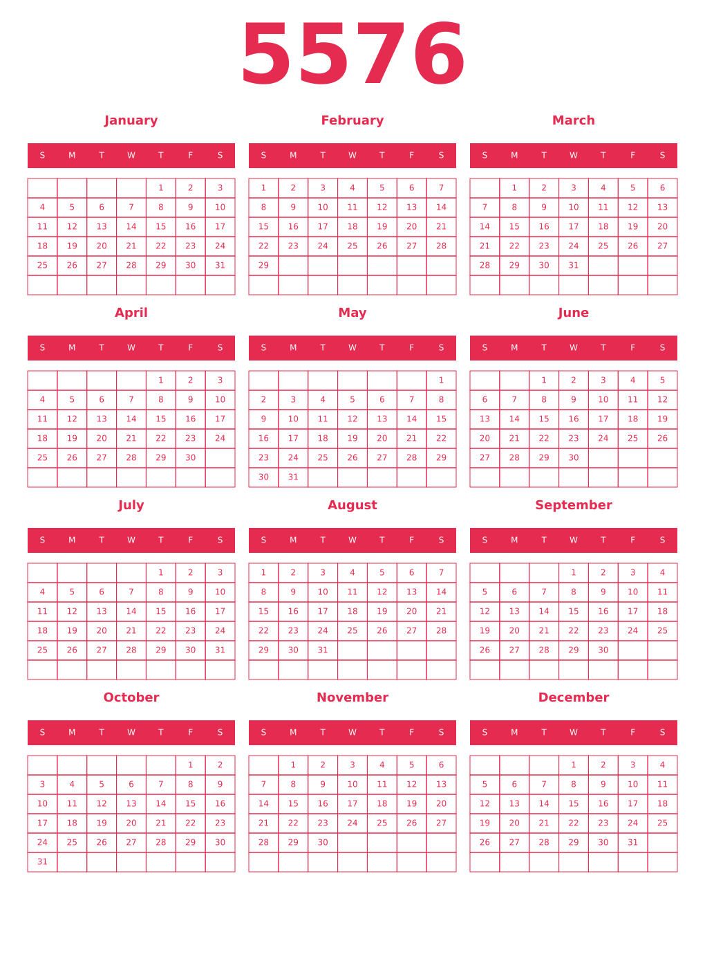 Printable 5576 Year Calendars amaranth